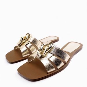 Zara Flat Slide Sandal with Gold Chain Detail